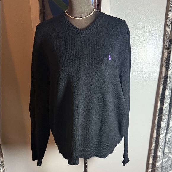 Polo Ralph Lauren Vintage 100% Lambswool V Neck Sweater SZ Large Black